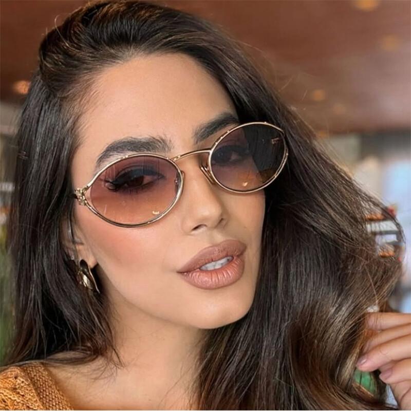 New Fashion Luxury Brand Oval Sunglasses For Women Men Trendy Metal Frame Sun Glasses Unisex Stylish Eyewear Shades Uv400