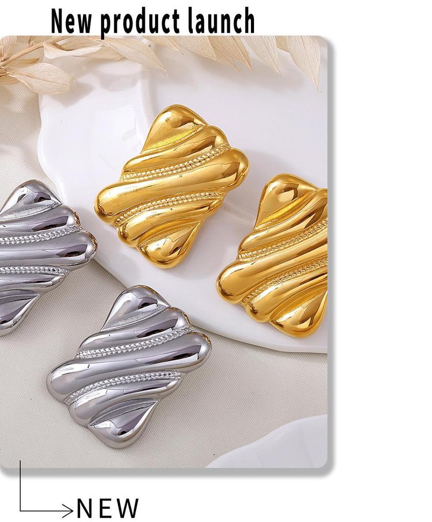 Qiong Yao Geometric Ribbed Stud Earrings, Gold-Plated Stainless Steel, Hypoallergenic Fashionable Jewelry