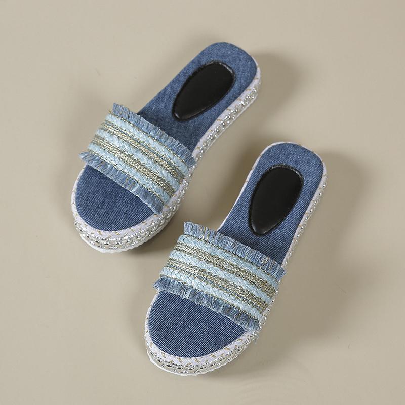 Jeansmode tofflor damskor sommar nya tofflor med öppen tå platt golv-topp damskor