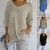 Maglione casual da donna con scollo a V, manica a 3/4, tinta unita, vestibilità ampia, lunghezza media, fondo maglia