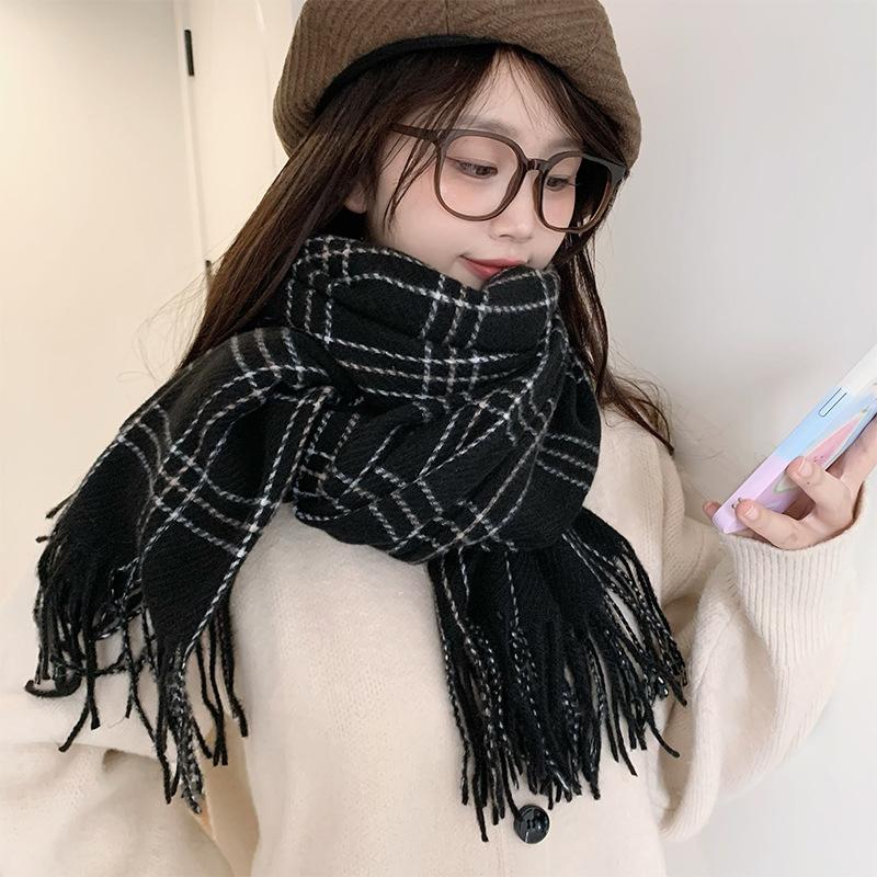 Korean Atmosphere Scarf Women's Winter Imitation Cashmere Plaid Warm Scarf Thickened Student New
