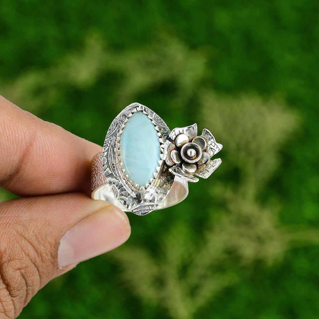 Natural Larimar Gemstone Multi Stone Flower Blue Ring Size 9 925 Sterling Silver