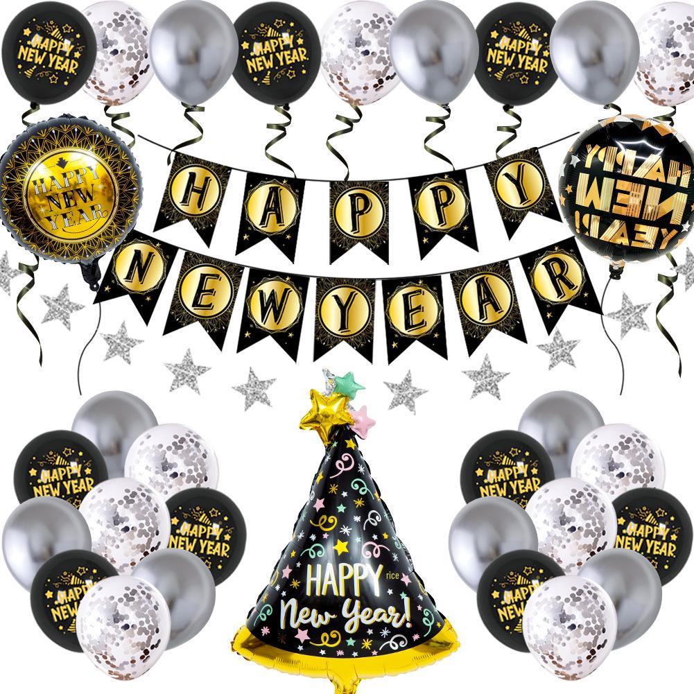 Ornamental New Year Party Décor: 12-Inch Latex Balloons & Pull Flag Arrangement with Aluminum Film Balloons