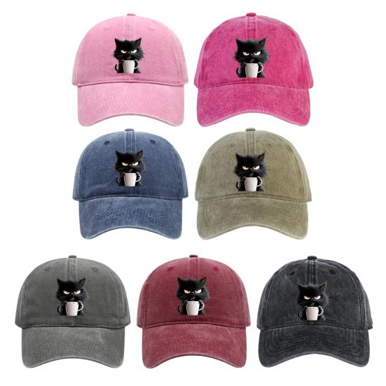 Casquette de baseball à motif chat réglable pare-soleil à bord incurvé chapeau de soleil unisexe style hip hop décontracté casquette café délavée