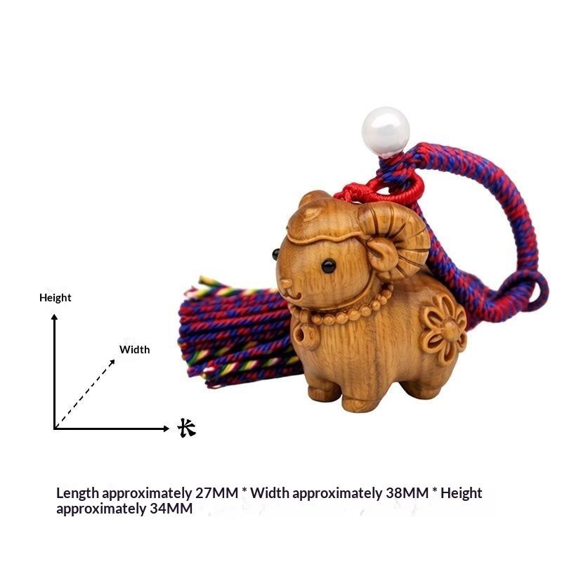 Carved Sandalwood Cute Ram Pendant Wooden Keychain Bag Decor Artistic Craft Creative Style Polished Surface Animal Zodiac