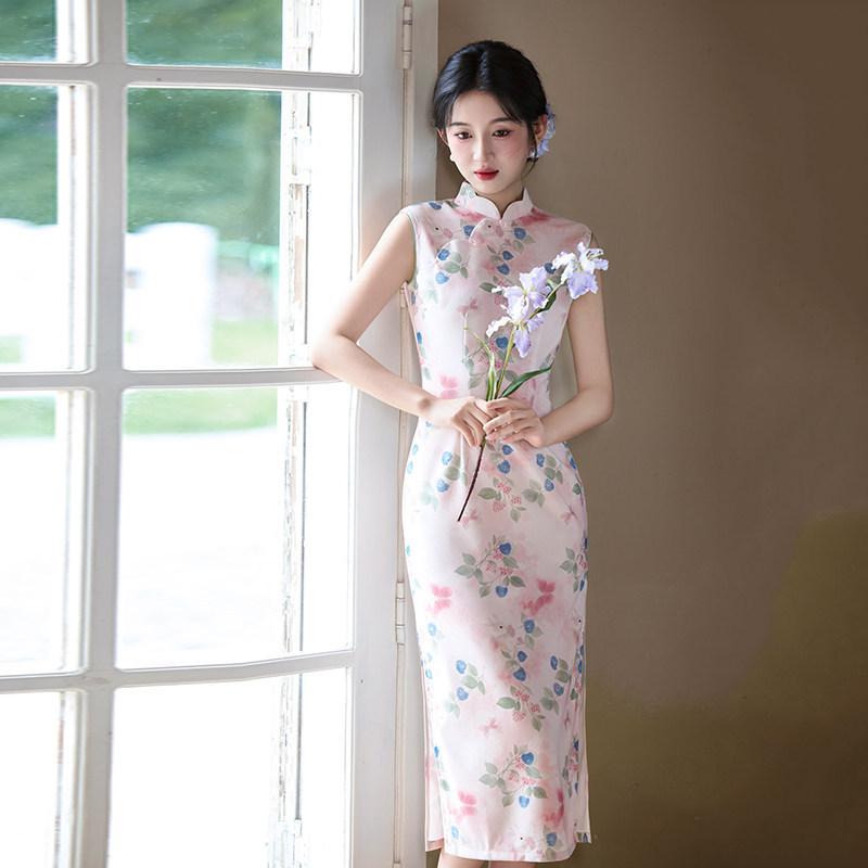 Pink sleeveless national style new Chinese daily Suzhou long cheongsam improved young 1011 new women's high sense