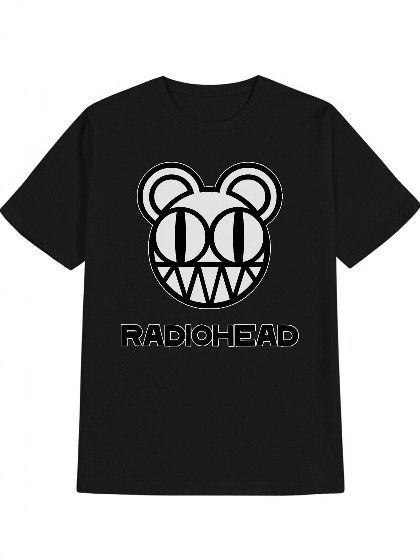 Casual Graphic T-shirt - Black with White Radiohead Cartoon Head & Ears Design S