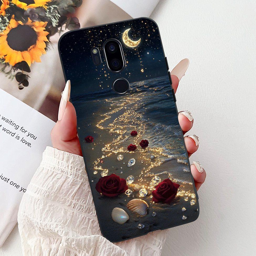 Para LG G7 ThinQ Funda Silicona Negra Gato Lindo Flores de Moda Trasera Pintada Genial Para LG G7ThinQ Funda de Teléfono LMG710EM