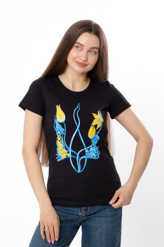 

Жіноча патріотична футболка – Українська емблема та яскравий квітковий принт, літня, 8188-001-33-Y-5 HC 5XL чорний