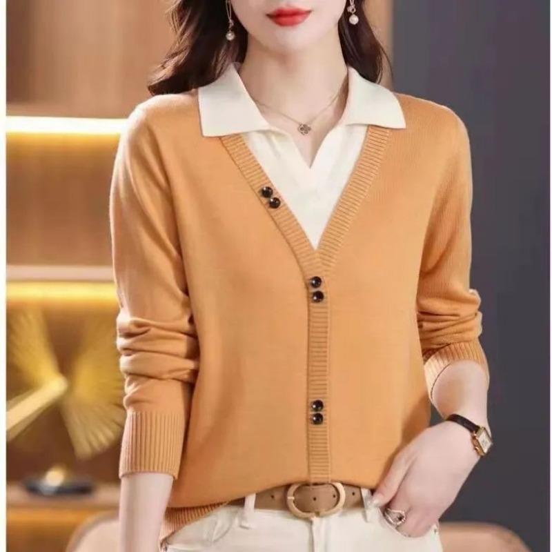 Pulover european 2023 de primăvară pentru femei Design Sense cu mânecă lungă, buton de îmbinare, pulover fals din două piese, pulover tricotat pentru femeie