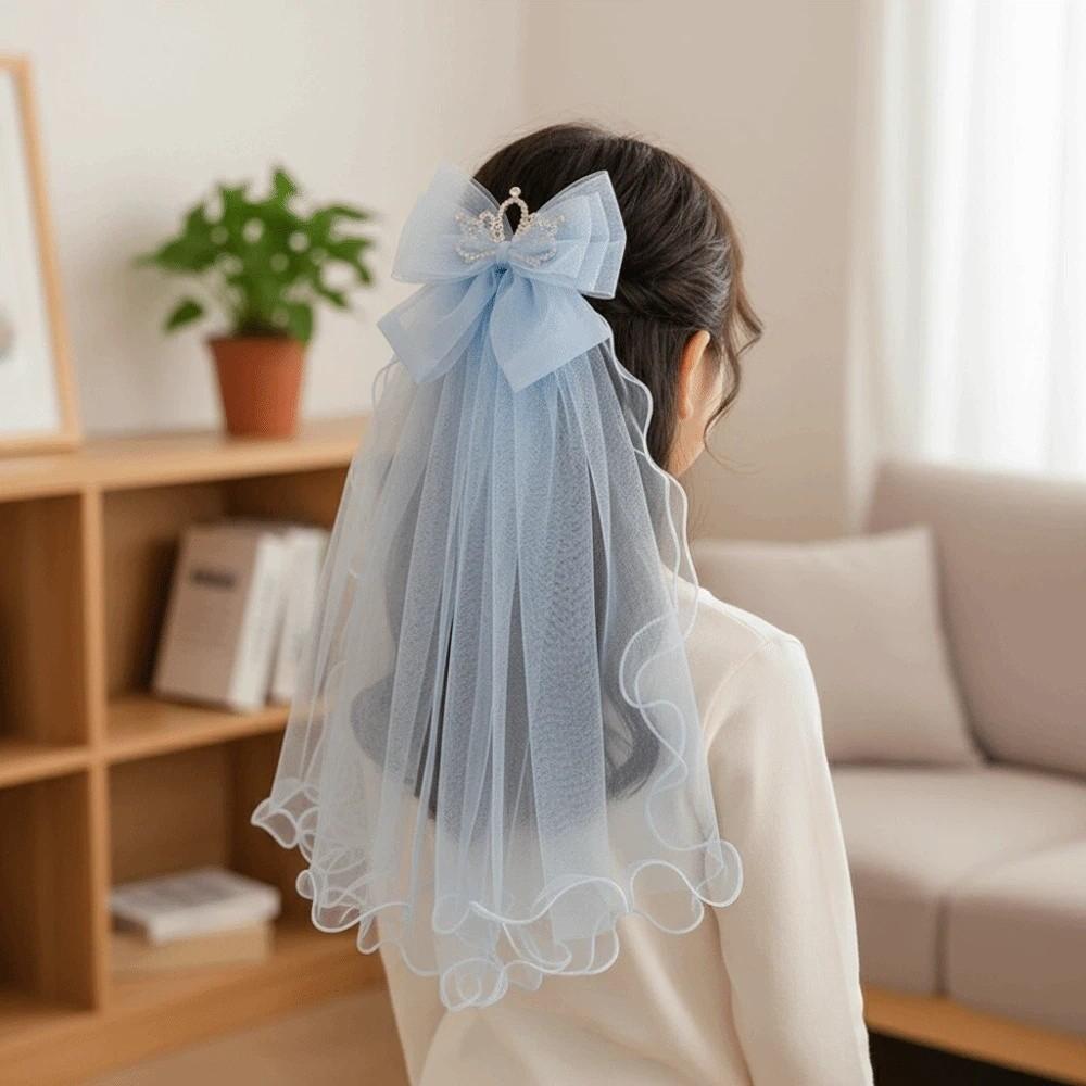 Bow Girls Head Gauze White Bridal Tulle Gift Veil Hair Clip  Photo Props