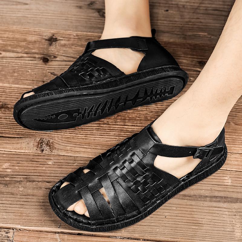 Sandals Summer Men Cozy Hollow Non-slip Soft Cool Sandals Lighted Breathable Classic Wearable Fashion Genuine Leather Sandals