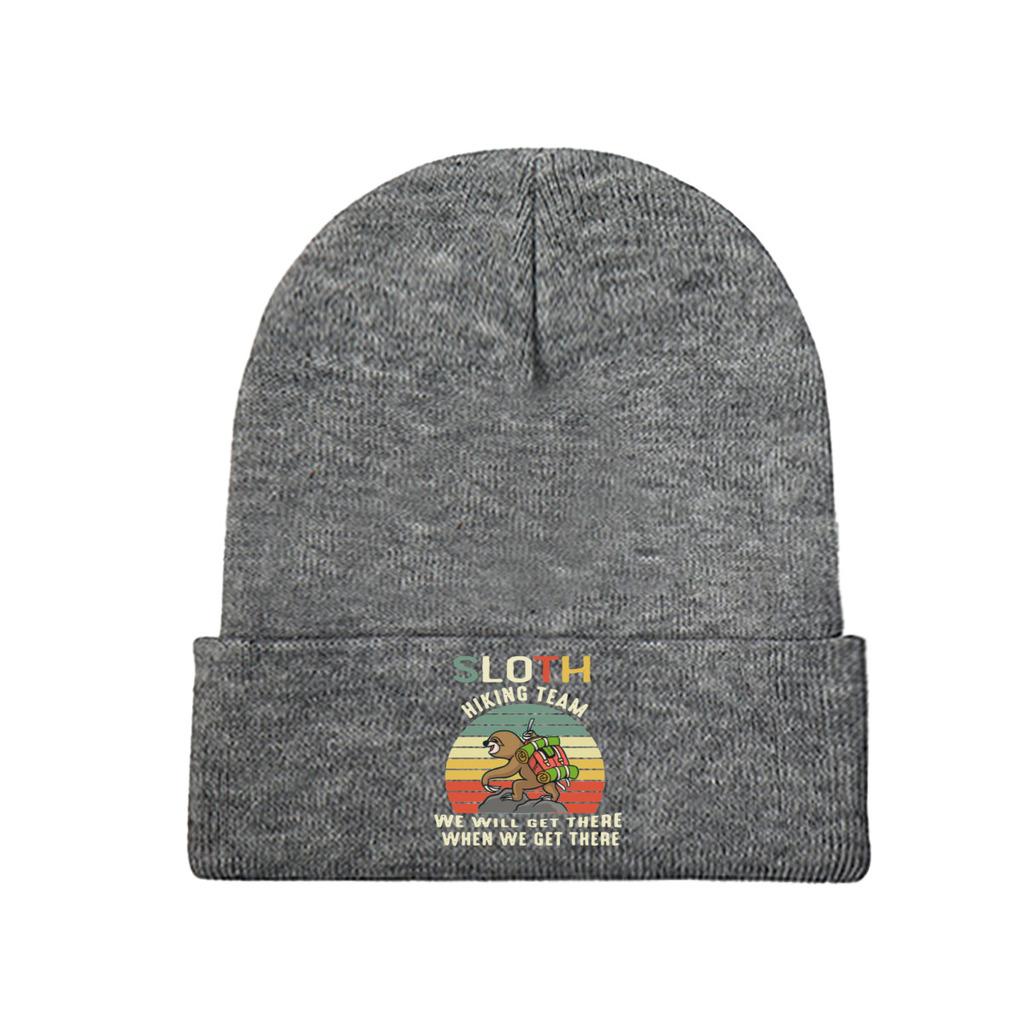 Sloth Hiking Team We Will Get There When We Get There Knitted Caps for Women Unisex Beanies Winter Hats Outdoors Camping Melon Cap