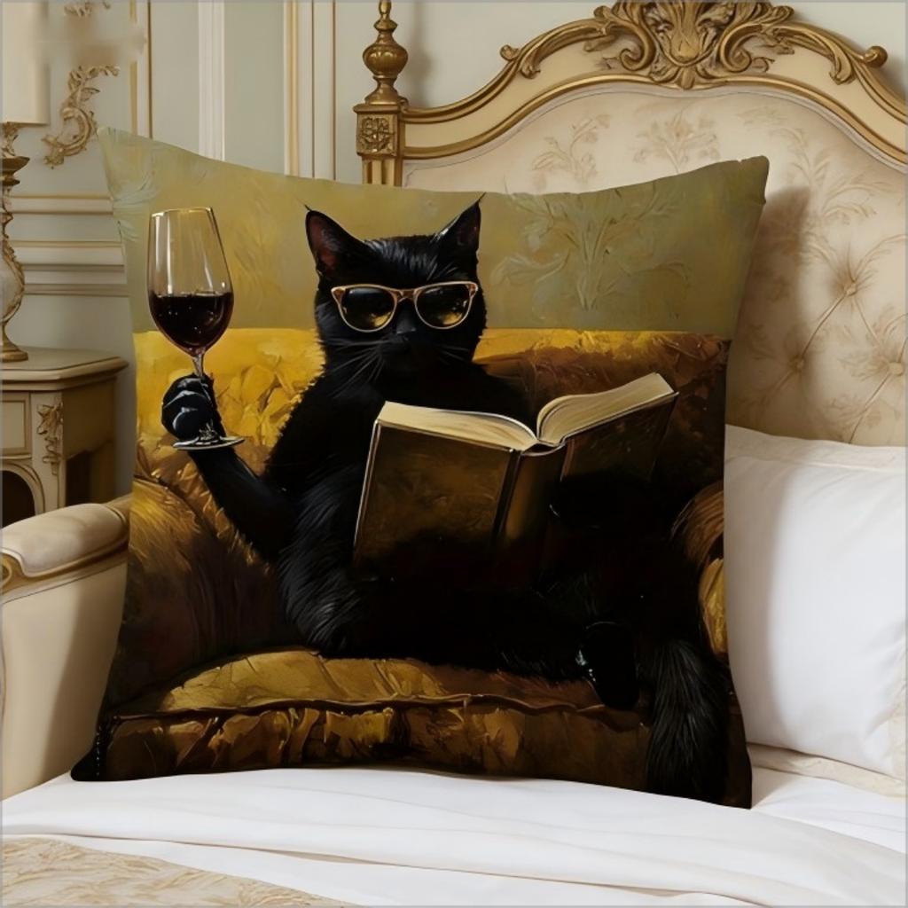 Double Sided Cool Black Cat Pillow Cover Wine Glass Reading Print Cute Kitty Soft Throw Pillow Case For Home Decor Gift