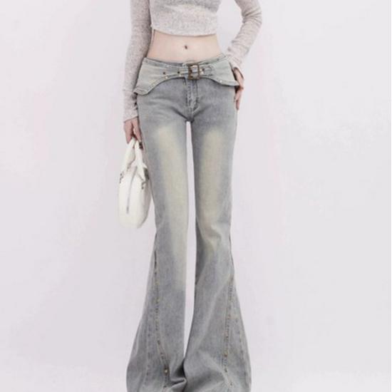 

Women s Summer Retro Rivet Waistband Micro Flare Jeans - Slimming, Versatile, Trendy Wide Leg Design Medium светло-синий