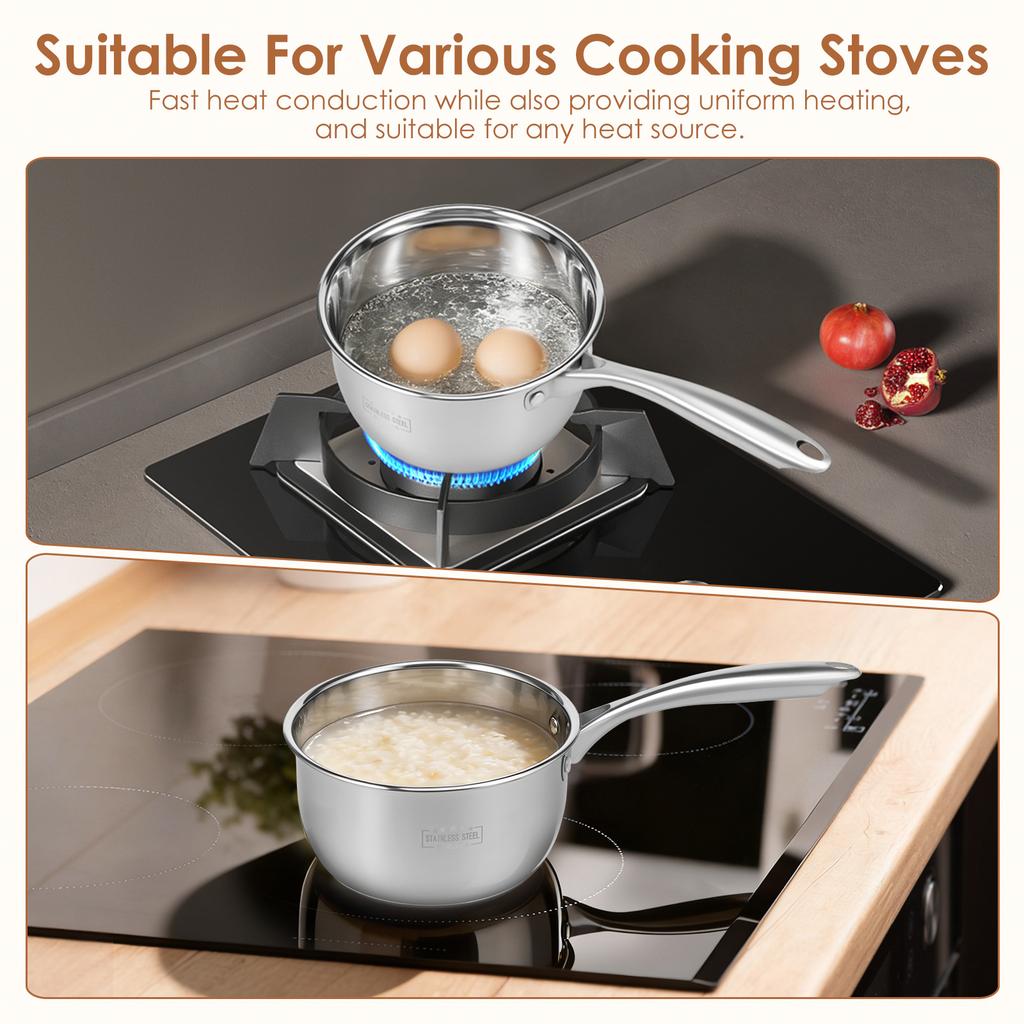 Stainless Steel Milk Pot Non-stick Sauce Pot Heavy Duty Sauce Milk Pan Multi-purpose Induction Cookware Pots for Cooking Kitchen