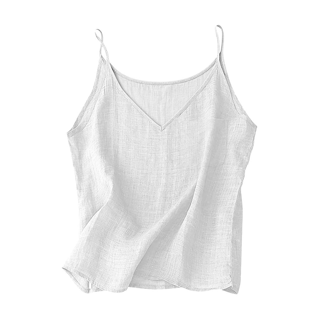 Women V Neck Sleeveless Tank Top Casual Loose Fit Linen Camisole with Pocket Design for Everyday Wear and Comfort