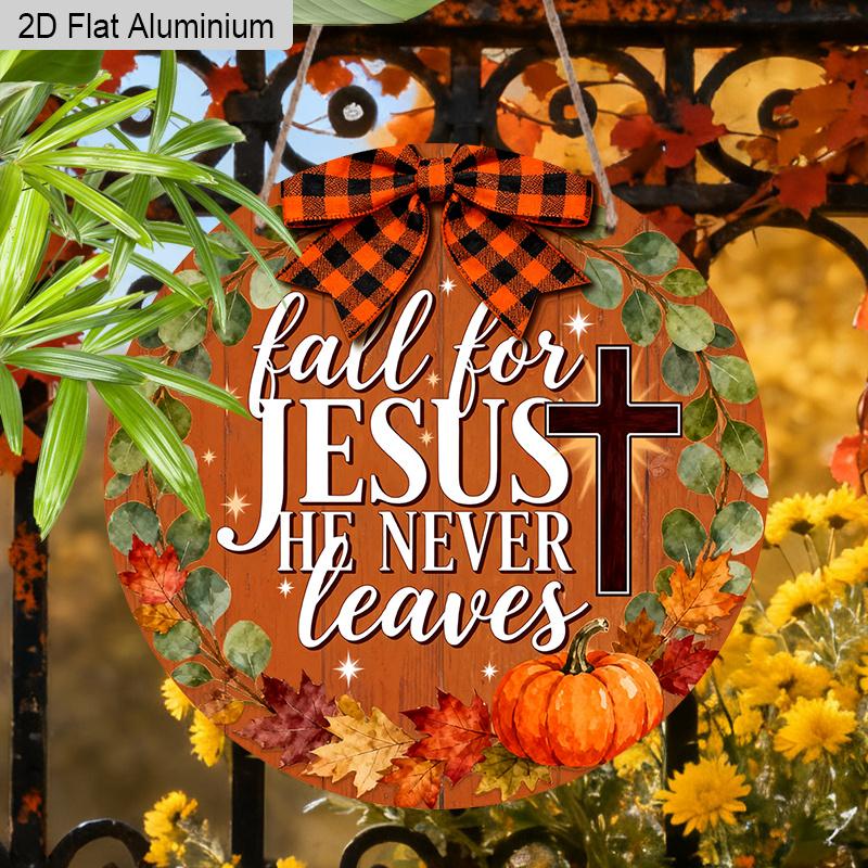 2D Flat Jesus Fall Aluminium Sign with Bow & Cross Pattern - Thanksgiving Figurine Ornaments - Ideal for Front Door, Wall, Porch, Fence Decor - Ideal