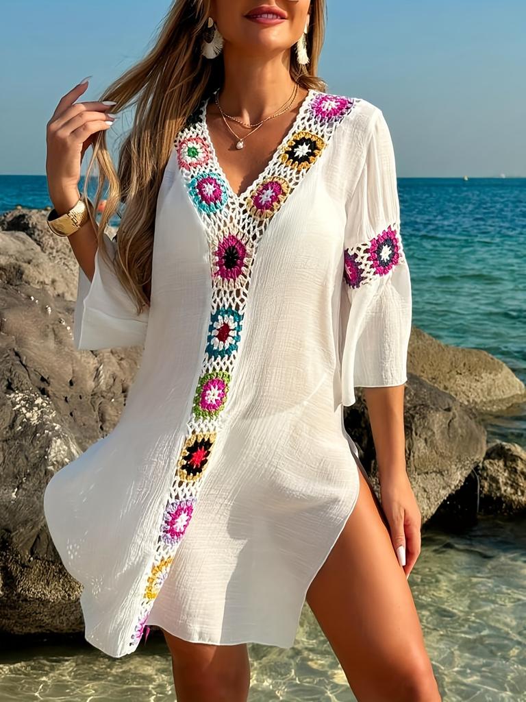European and American Hand Hook Splicing Color Pattern V-neck Pullover Breathable Fashion Holiday Wind Beach Blouse Dress