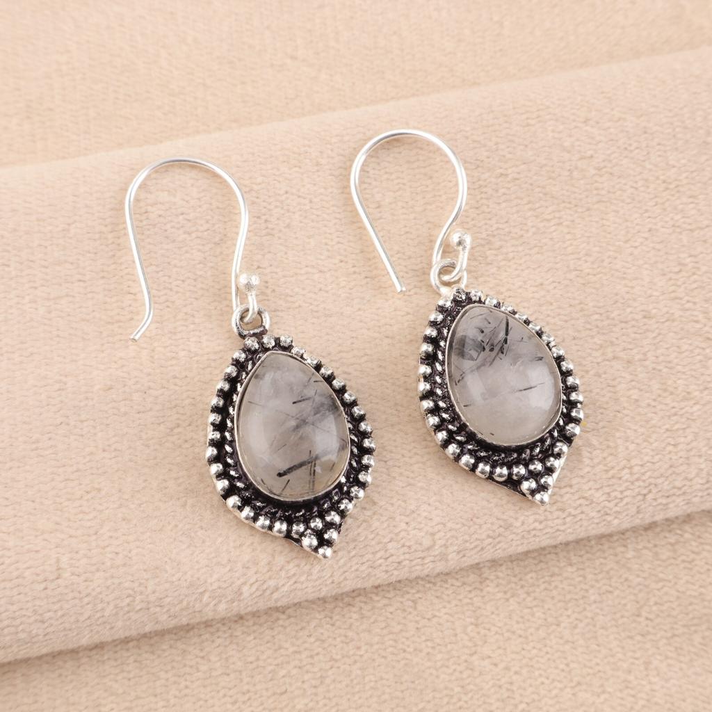 Black Rutile Gemstone 925 Sterling Silver Handmade Jewelry Earrings Gift For Her EE-164-26