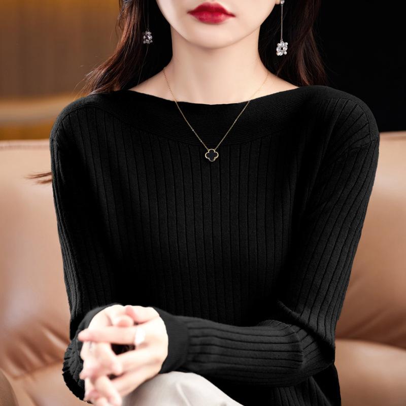 

Весенне-осенний вязаный свитер женский с одним воротником снизу вязаный бархатный женский длинный рукав 2XL чёрный