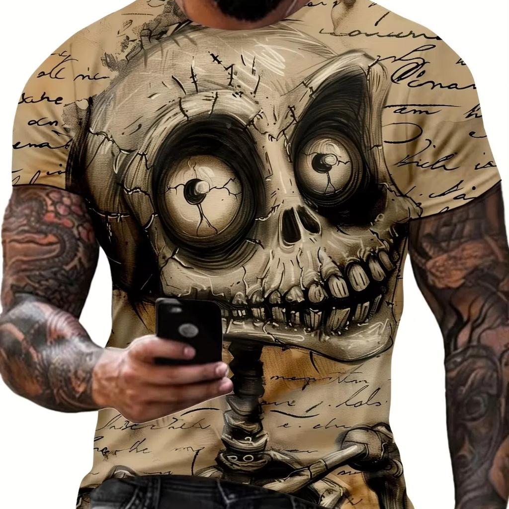 Men's Monster Graphic Print Short Sleeve Crew Neck Tee, Men's Clothing For Summer Soft Slight Stretch Polyester Blend Fabric