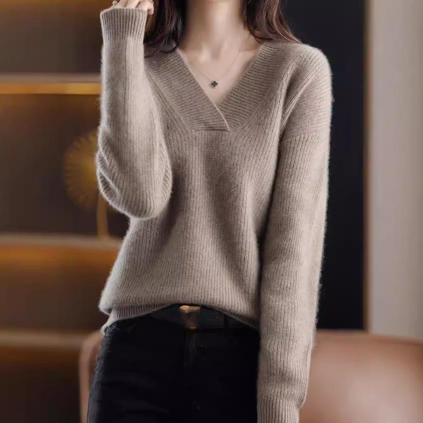 

Женский пуловер с V-образным вырезом, базовый свитер, новый трикотажный свитер свободного кроя на осень и зиму XL