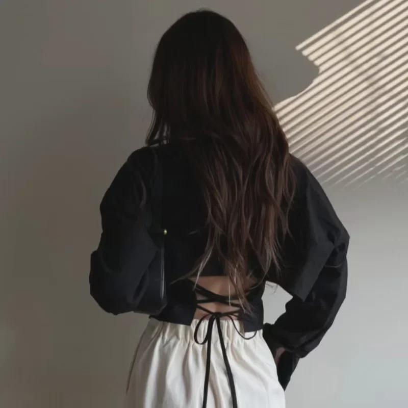 

Korean Spring Back Tie Slimming Long Sleeve Women s Shirt L чорний