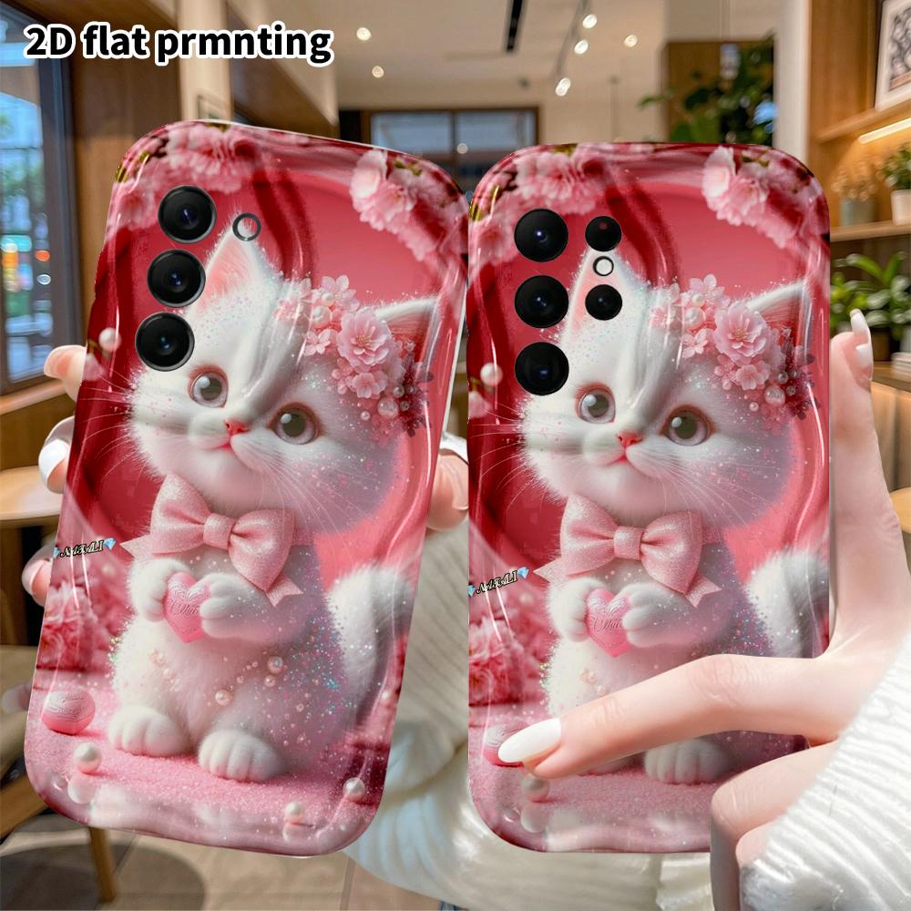 Phone Case: 2D Flat Samsung Galaxy A34 A35 M05 M06 S20 S22 S21 FE Plus 5G Case, Pink Cherry Blossom with Little White Cat, Christmas and Halloween Gif