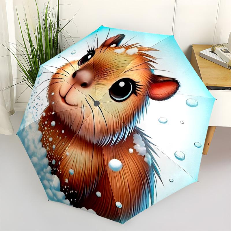 

1pc Capybara Winter Automatic Umbrella - Stylish, Durable, with 8-Rib Manual Open Design, Elegant Black Handleyy250920160