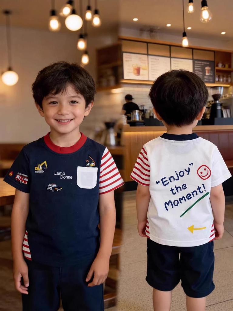 Boys' Short Sleeve Cartoon Stripe T-shirt - 2026 Summer Cool Patchwork Design