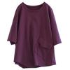 Women's Summer Thin Round Neck Short Sleeve Loose T-Shirt Design Literary Solid Color Front Pocket Top