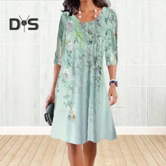 Sommerkleid für Damen, Rundhalsausschnitt, knielang, Blumendruck, A-Linie, lange Ärmel, Pullover, lässig, für den Alltag, langes Kleid zum Pendeln