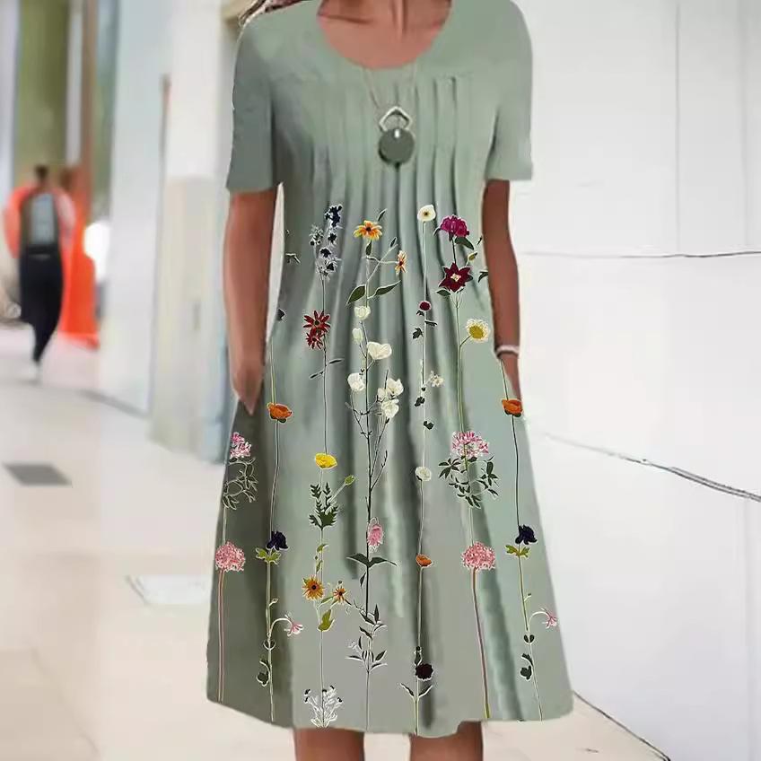 Spring and Summer Floral Print Crew Neck Pullover Medium and Long Dress Women's Clothing