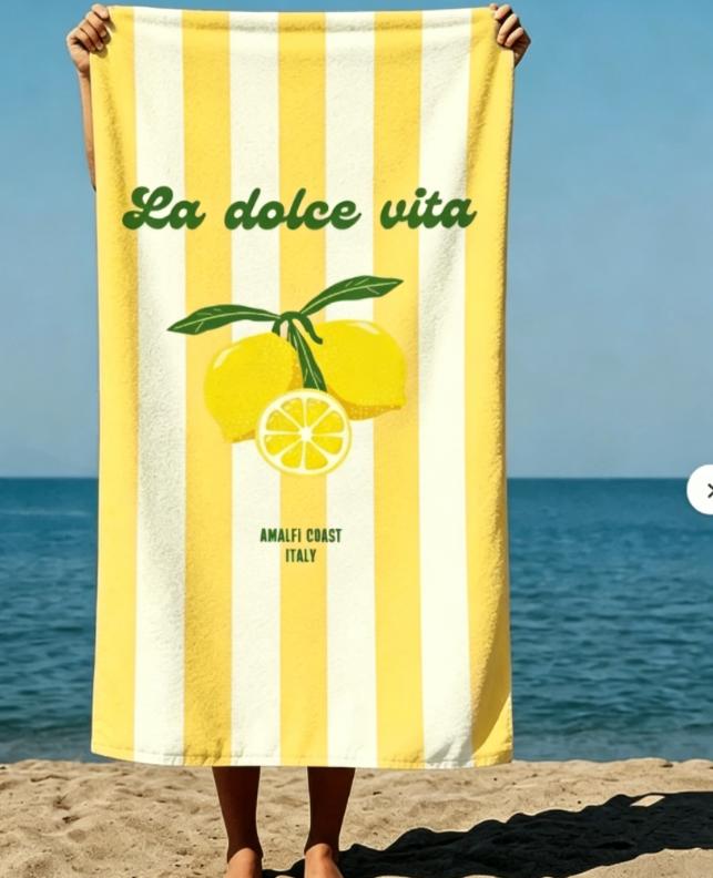 Summer Boho Style Lemons Dolce Vita Text Amalfi Coast Italy Art Style Beach Towel Swimming Pool Microfiber Quick-Dry Sand-Free