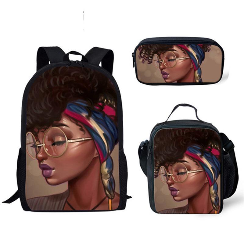 Classic Popular Novelty Cute African girl 3D Print 3pcs/Set pupil School Bags Laptop Daypack Backpack Lunch bag Pencil Case