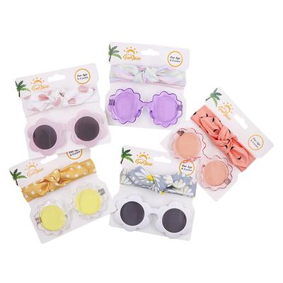 2Pcs/Set Flower Print Baby Headband + Round Sunglassess Set Outdoor Kids Headwear Seaside Sun Eyeglass Newborn Bow Tie Headwraps