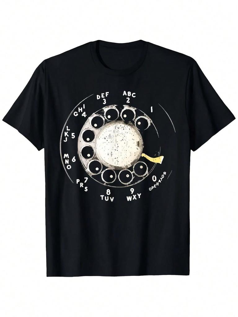 unisex's Retro Rotary Dial Phone Pattern T-Shirt- Vintage 70s/80s Nostalgic T-Shirt With Letters, Suitable For Mobile Phone Enthusiasts And Tech Lover