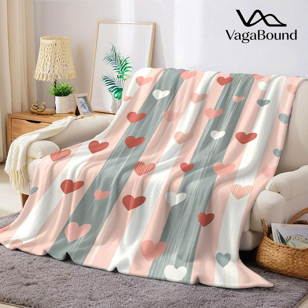 Pastel Stripe Heart Flannel Blanket Perfect for Sofa Office Bed Travel Sleep Read Relax Camping four season use