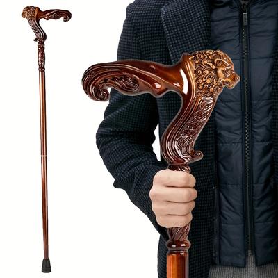 Handcrafted Lion Head Wooden Cane - Ergonomic Design for Comfortable Grip - Unisex Carved Wood Stick - Stylish Wooden Cane