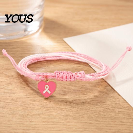 Heart Butterfly Alloy Pendants Breast Cancer Awareness Bracelet for Women, Adjustable Woven String with Simple Style Braided Jewelry Ribbon