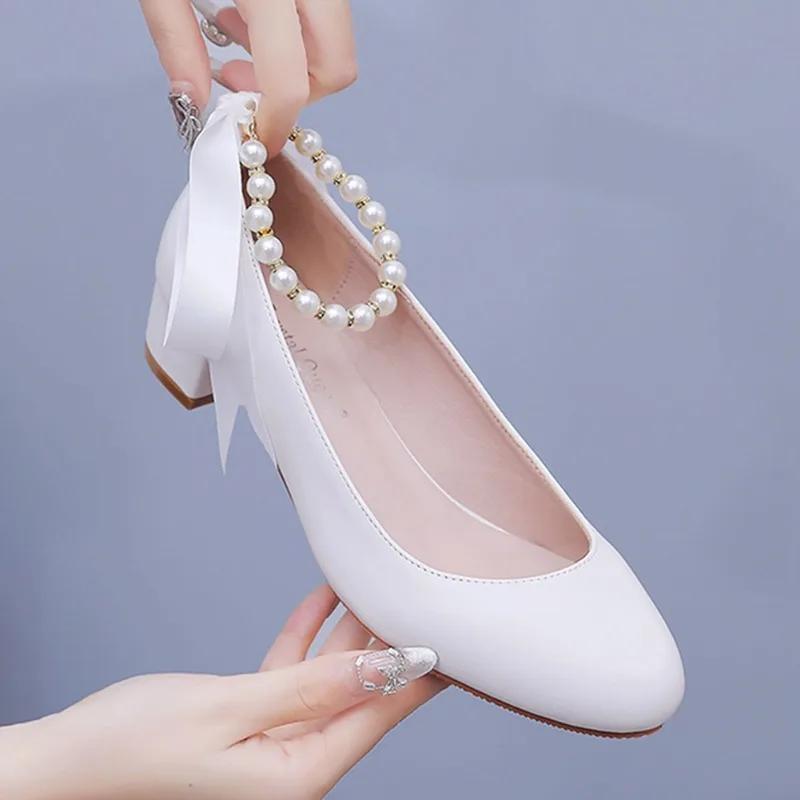 Women Pumps Sexy Wedding Prom Sandals Ankle Strap PU 3CM Square Heel New Fashionable Round Headed Pearl Ribbon Women Shoes