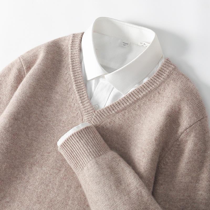 Men's 100% Wool V-Neck Sweater - Solid Color, Loose Fit, Long Sleeve Knitwear