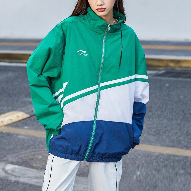 Li Ning Sports Fashion Series Color Block Logo Loose Stand Collar Jacket Autumn Unisex Jacket Green AJDQ036-5