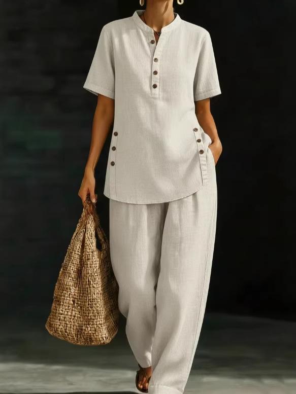 2026 European & American Casual Button-down Shirt and Wide-leg Pants Linen Set