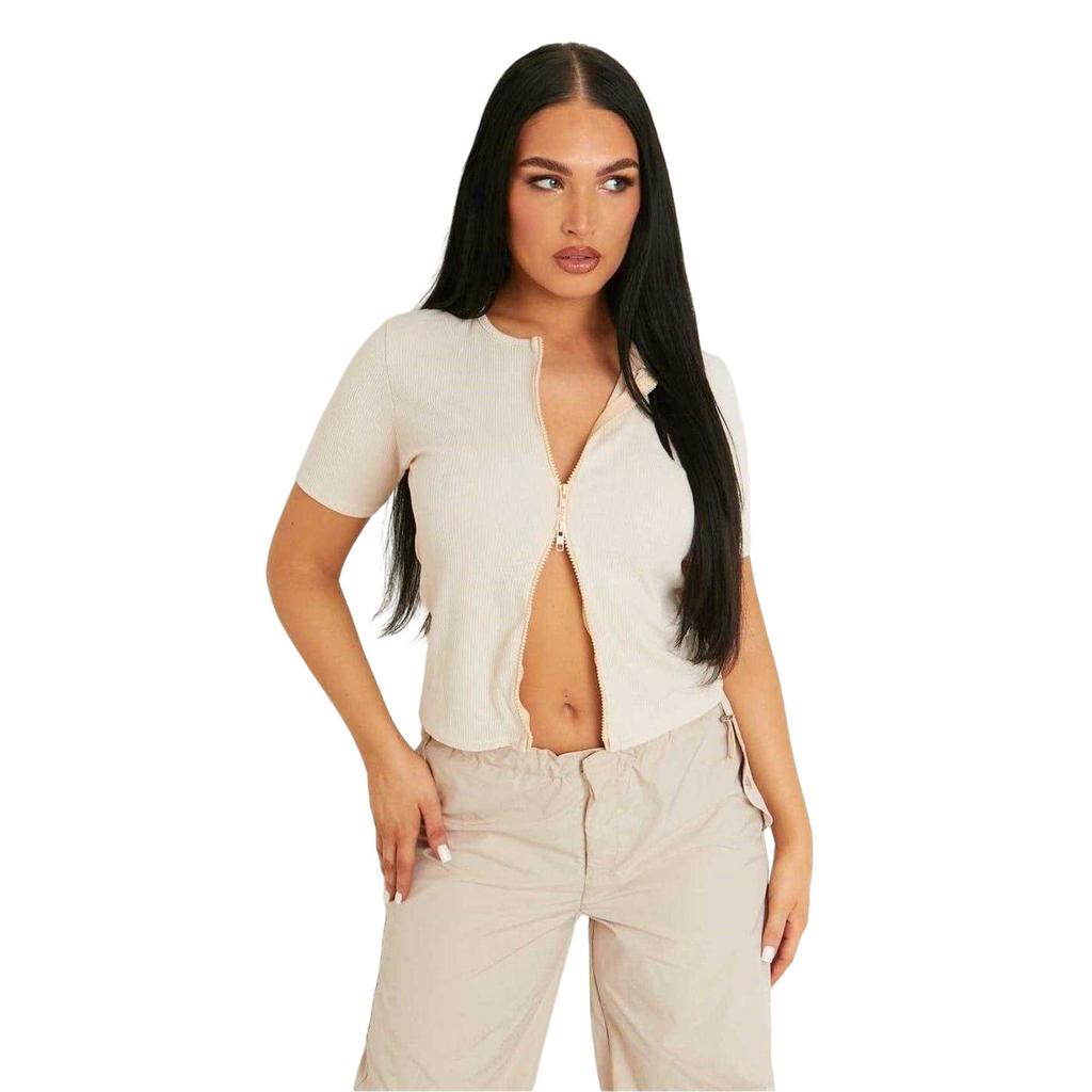 Missy Empire Womens/Ladies Ribbed Zipped Fitted Short-Sleeved Top
