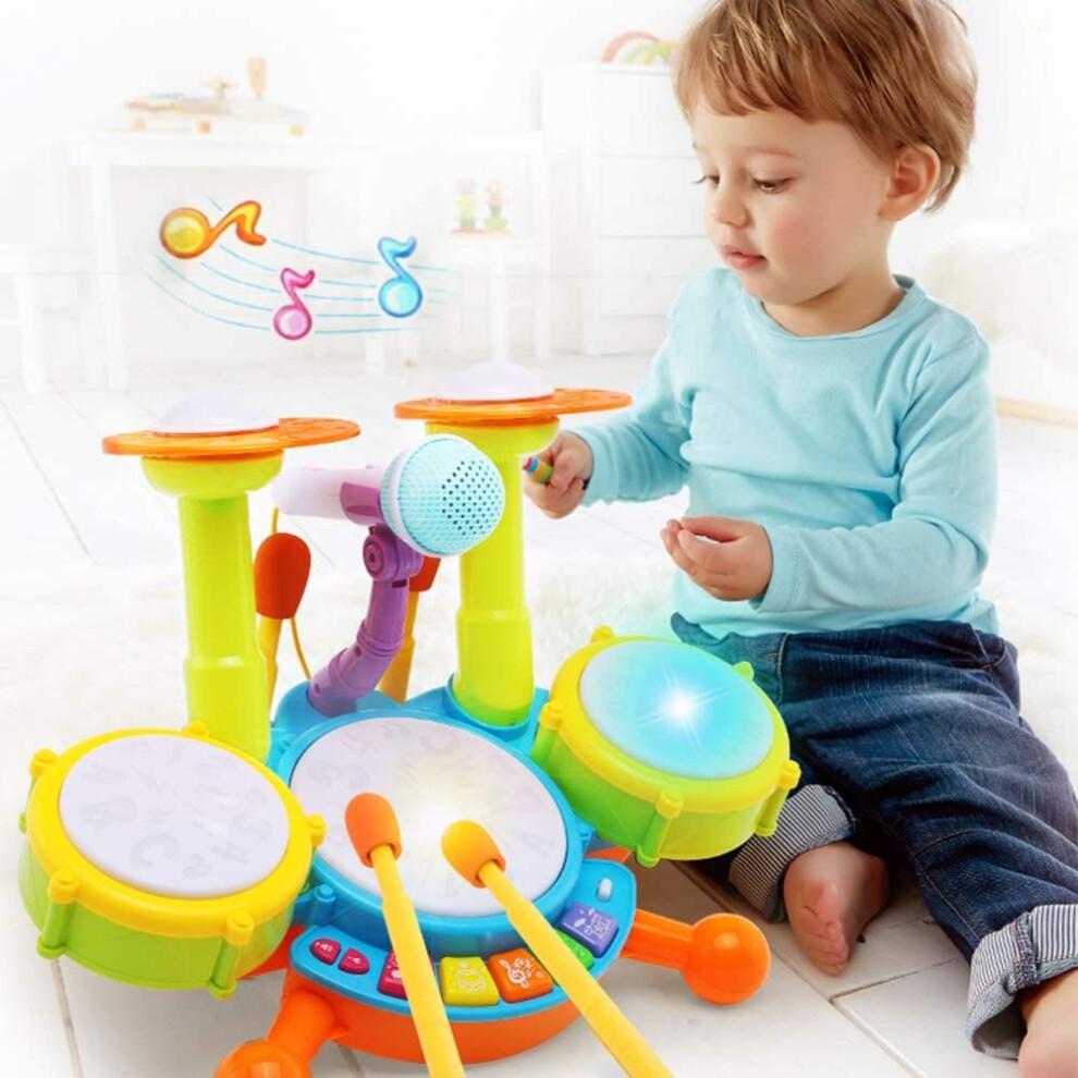 Beginners Musical Table Top Drum Kit Play Set with Drum Sticks Microphone Light Features Interactive Music and Sounds for Babies Kids Toddlers