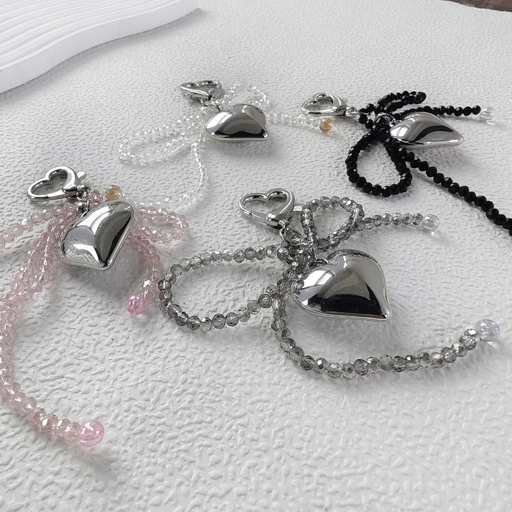 Crystal Beaded Phone Lanyard Bowknot Heart Pendant Wrist Strap Stylish Phone Charm Keyring Portable Accessory for Women