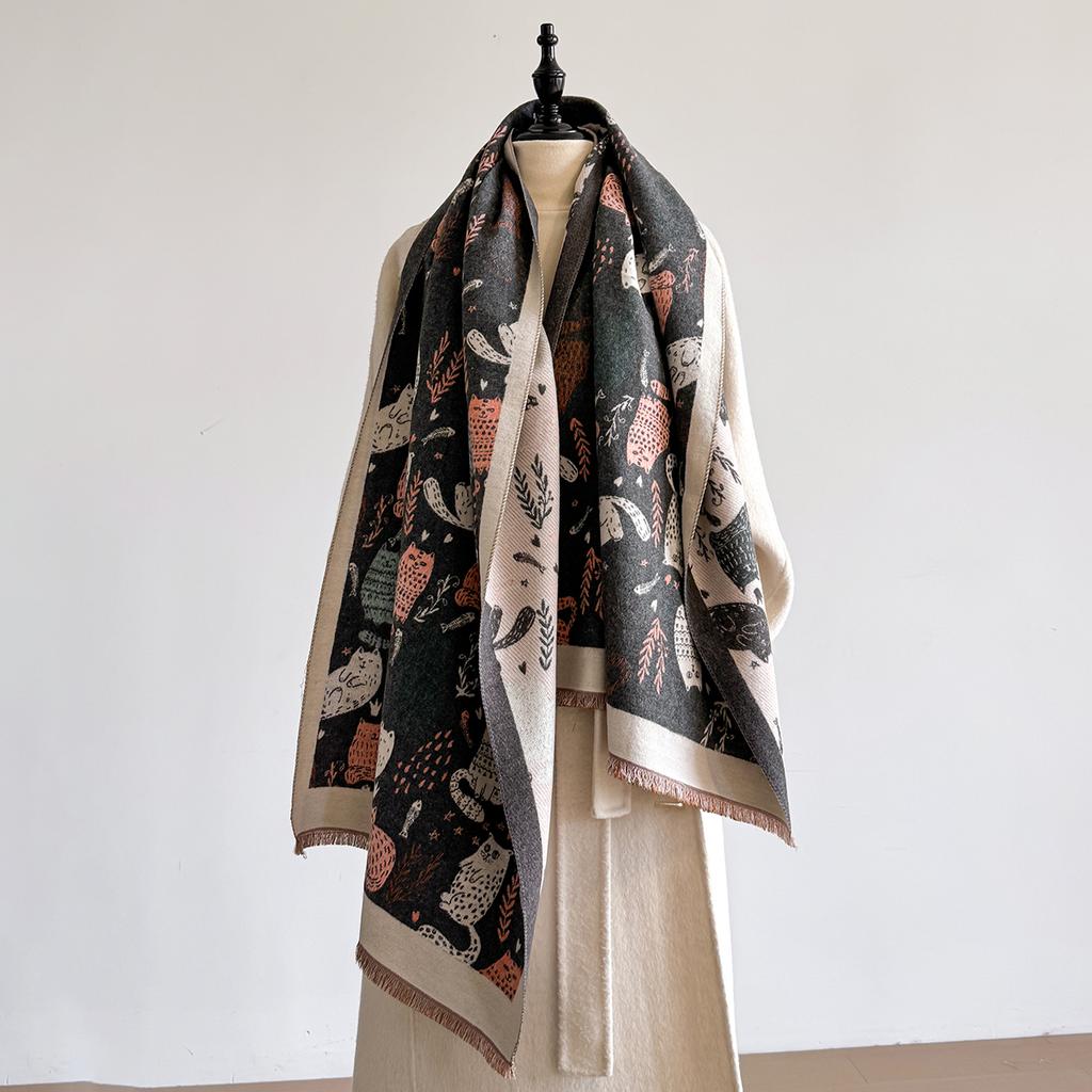 2025 Luxus Katzenprint Kaschmirschal Damen Winter Doppelseitig Dick Warm Weiblicher Schal Schal Pashmina Schals Hijab Stolen