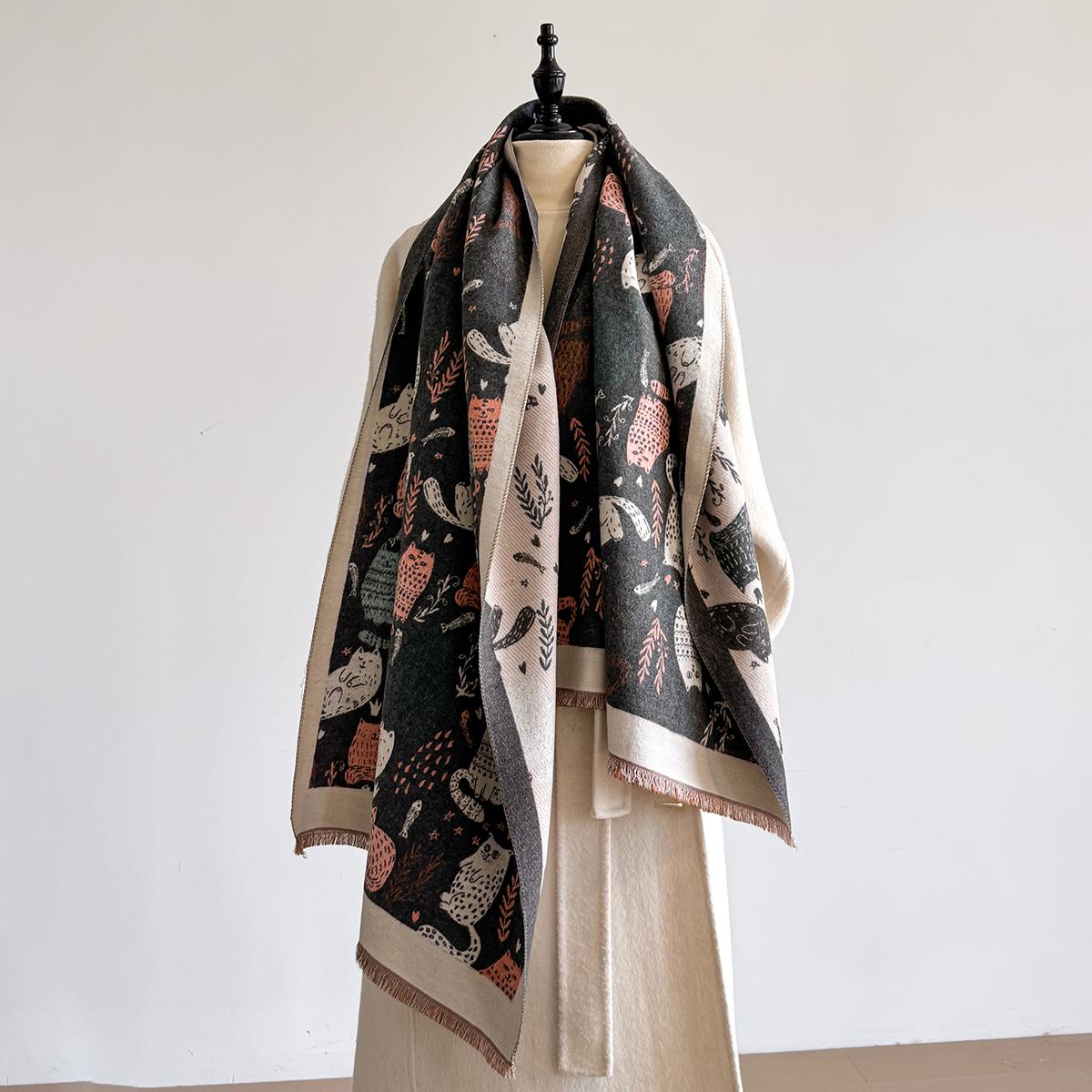 

2025 Luxury Cat Print Cashmere Scarf Women s Winter Double-Sided Thick Warm Female Shawl Scarf Pashmina Scarves Hijab Stoles